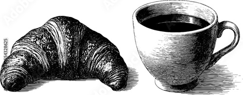 Vintage breakfast theme croissant and coffee sketch for kitchen decor and menu design