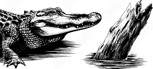 Crocodile armor and water edge engraving for nature illustration