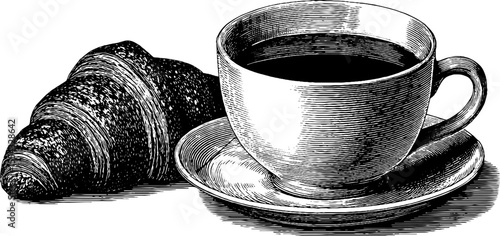 Vintage croissant and coffee cup sketch with flake detail for retro label design