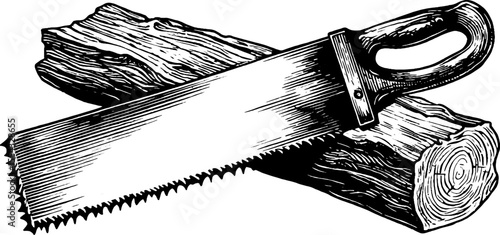 Vintage crosscut saw with wooden handle sketch for rustic design