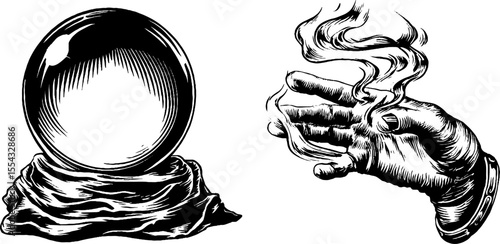 Mystical crystal ball and enchanted smoking hand drawing for magic themes