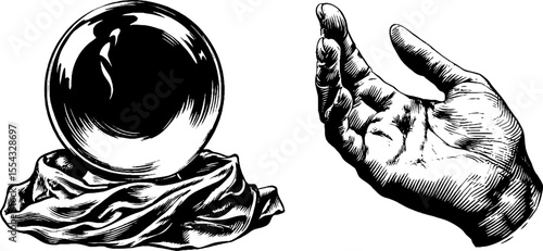 Mystical crystal ball and hand illustration for fortune telling and magic themes