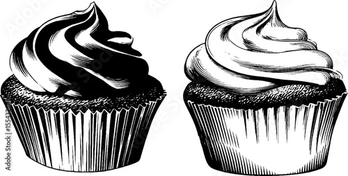 Vintage cupcake illustrations with swirl peaks and paper liners for retro design