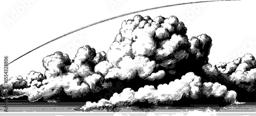 Vintage cumulus cloud bank and contrail arc hand drawn engraving for design
