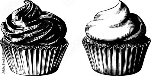 Vintage cupcake design with swirl peaks and paper liners for retro bakery art and decoration