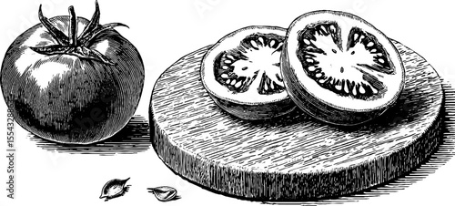 Vintage cutting board with tomato halves and seeds for kitchen decor