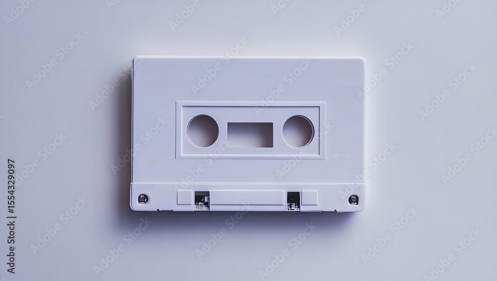 Fototapeta premium Top View of White Cassette Tape on White Background – Minimalist Retro Music Concept
