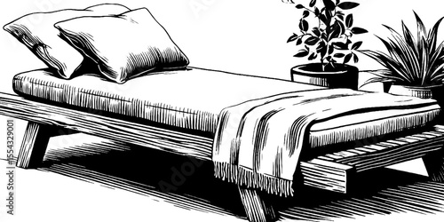 Boho style daybed with textile layering and plants for relaxed interior design