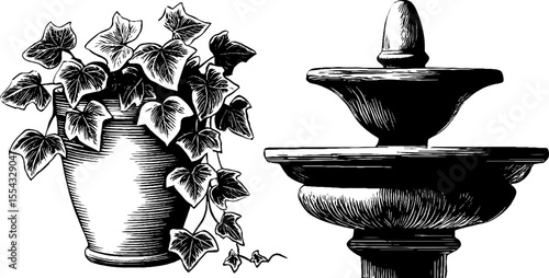 Elegant decorative urn planter and trailing ivy with ornamental design for garden decor
