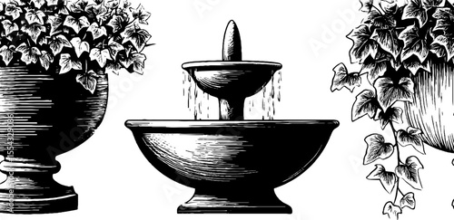 Decorative urn planters and trailing ivy with ornamental water fountain - design for home and garden decor