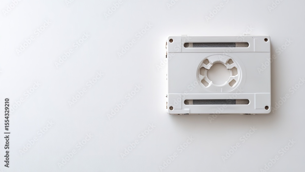 Fototapeta premium Top View of White Cassette Tape on White Background – Minimalist Retro Music Concept