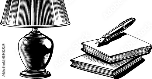 Vintage desk scene with lamp, notebook, and fountain pen for retro design projects