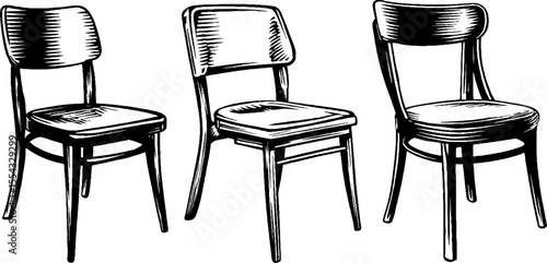 Minimalist set of dining chairs with flat seats in vintage hand drawn design