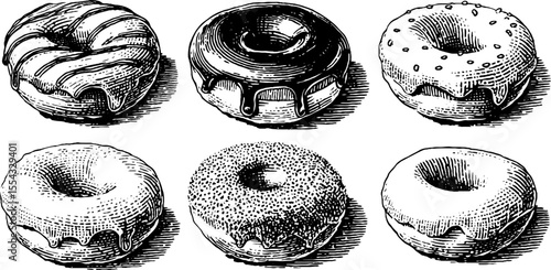 Variety of donuts with glaze drips and sprinkles for cafe menu design