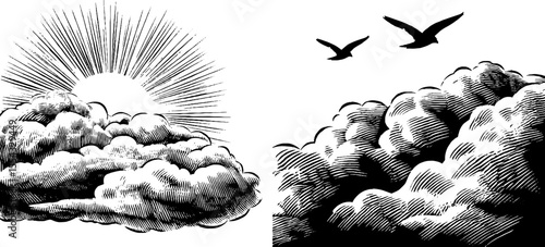 Dramatic cloudscape with sunbeam and birds silhouette hand drawn for retro design