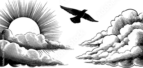 Dramatic cloudscape with sunbeam and bird silhouette for retro design