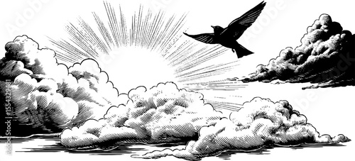 Dramatic cloudscape with sunbeam and bird in vintage hand drawn style