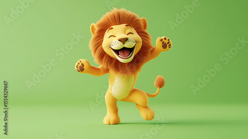 Cheerful cartoon lion character dancing joyfully against a vibrant green background