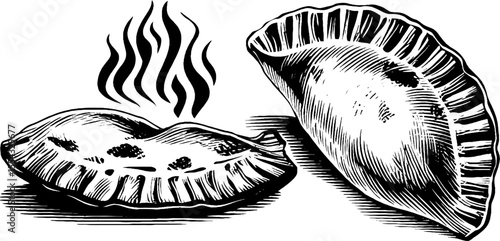 Hand drawn vintage empanada with folded pastry edges and spicy filling - design for recipes and menus