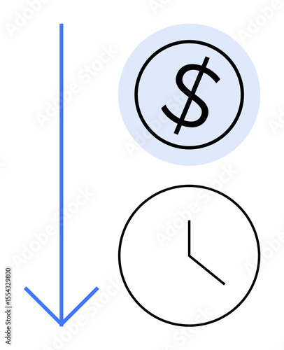 Blue downward arrow next to dollar sign and clock icons. Ideal for finance, time management, cost reduction, efficiency, savings, productivity, decision-making concepts. Simple flat metaphor