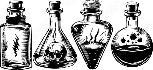 Engraved collection of fermented elixirs in flasks with sour symbols for art and design