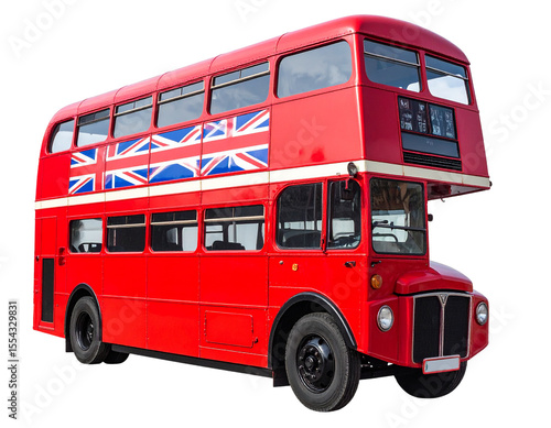 Iconic Red Double-Decker Bus with British Flag Design, isolated on a transparent background