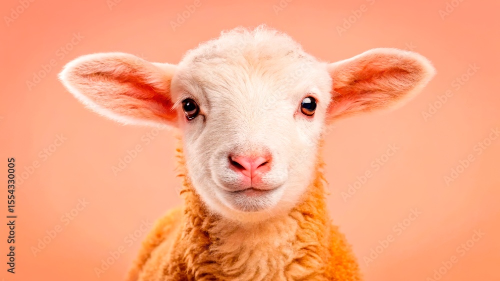 Fototapeta premium Young lamb with soft coat and curious expression against a pastel background in a studio setting