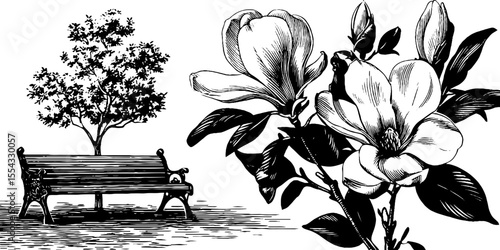 Vintage set of flowering magnolia tree and ornate cast iron bench for retro design projects