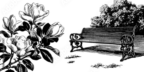 Vintage magnolia blooms and ornate cast iron bench design for decor