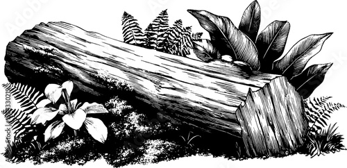 Rustic forest clearing with mossy log and ferns - nature inspired design for print or card