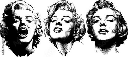 Vintage artistic portraits of glamorous faces in hand-drawn style for retro design