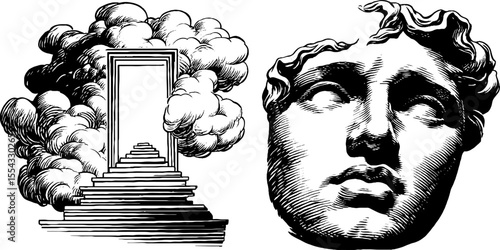 Surreal face and stairway with clouds scene for artistic design