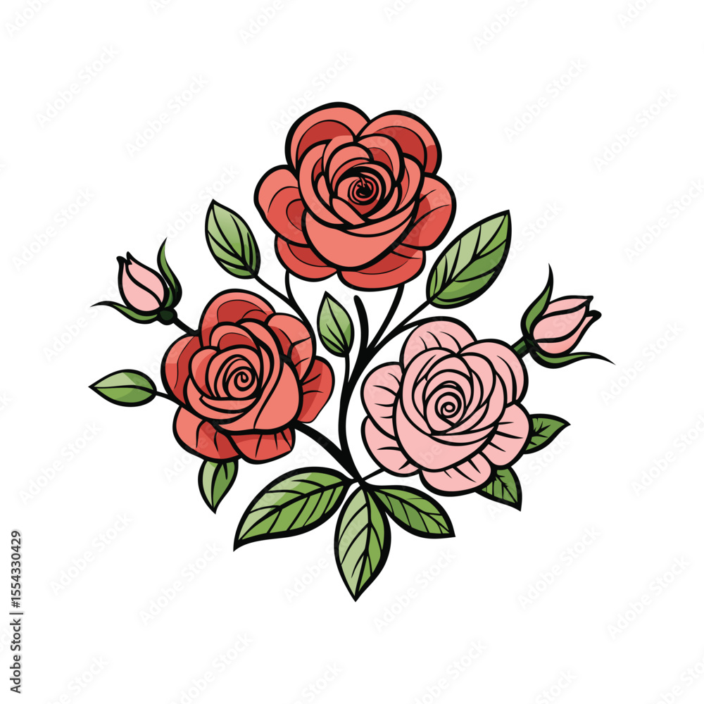 Hand drawn rose flowers with green leaves vector illustration isolated on white background Hand drawn rose flowers with green leaves vector illustration isolated on white background