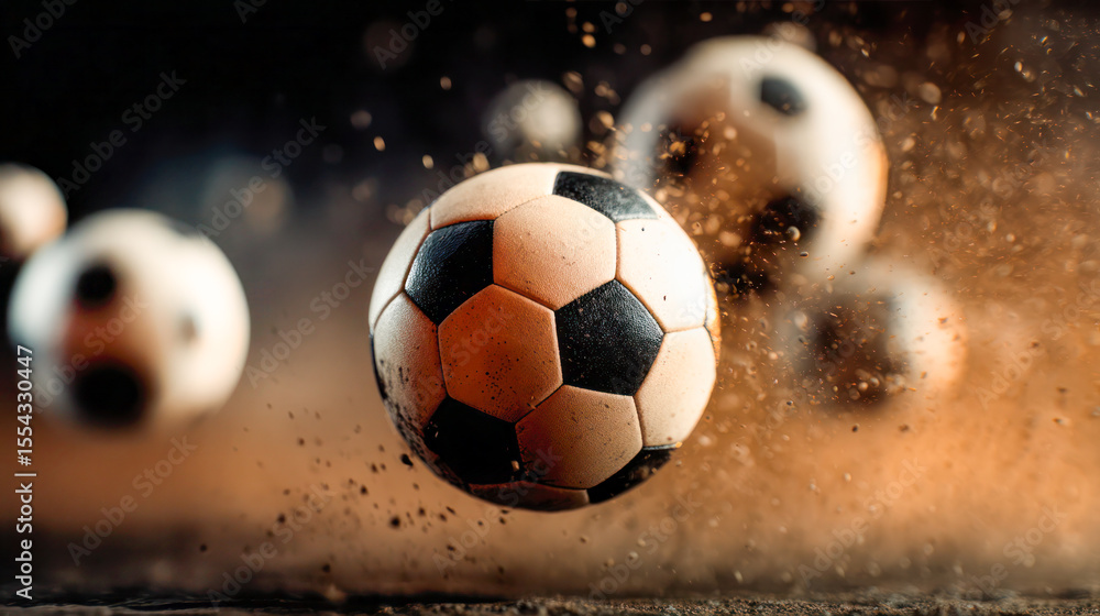 Naklejka premium Soccer balls are flying through the air, creating a dynamic scene with dust and motion, showcasing the excitement of the game and athleticism