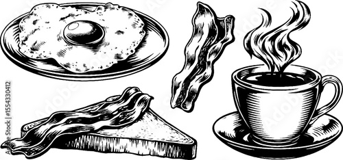 Breakfast classics: fried egg, bacon, and toast illustration for menu design