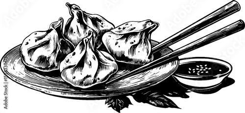 Hand drawn set of fried dumplings with dipping sauce and chopsticks for culinary design