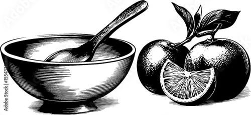 Vintage fruit punch bowl with ladle and citrus arrangement for retro design