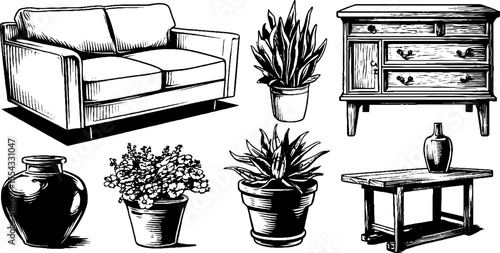 Vintage furniture and objects set with plants for home decor design