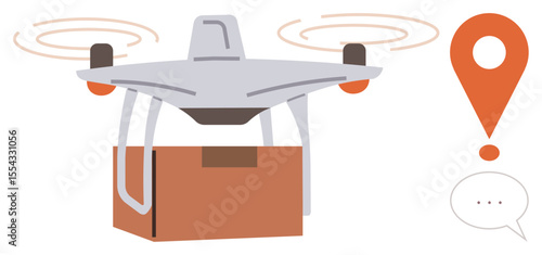 Drone carrying box mid-flight, accompanied by location pin and speech bubble. Ideal for delivery, e-commerce, logistics, innovation, technology, efficiency communication. Simple flat metaphor