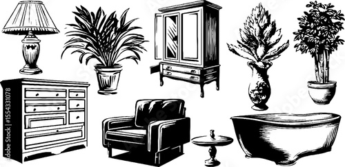 Vintage furniture and objects set for interior design and decor
