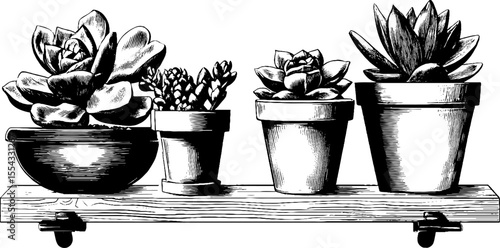 Succulent plant sketches on wooden shelf for home decor and design