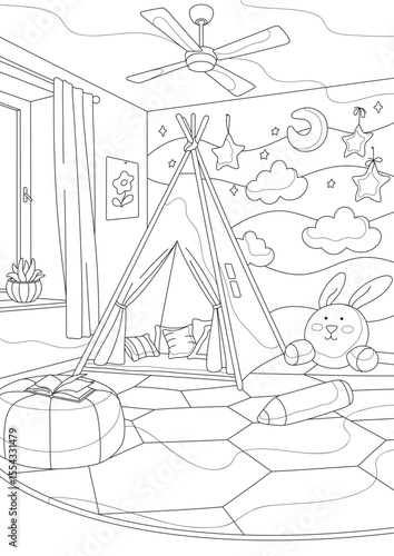 Interior of a children's room. Coloring page for adults and children.