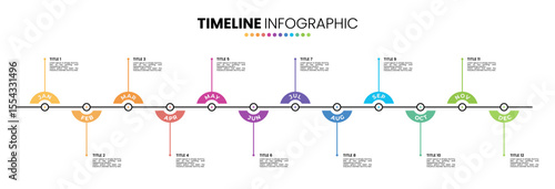 Circle timeline infographic presentation template 12 options. 12 month or 1 year calendar infographic template	