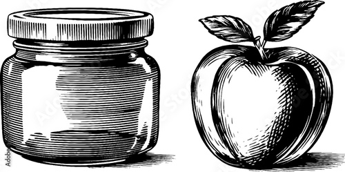Vintage glass jar with preserved peach illustration for retro kitchen decor