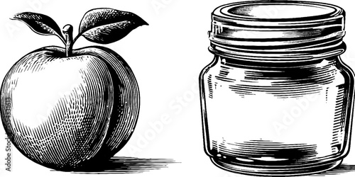 Vintage sketch of glass jar and preserved peach in syrup for retro design