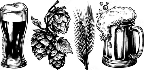 Vintage beer collection with glasses, hops, and barley for brewing design