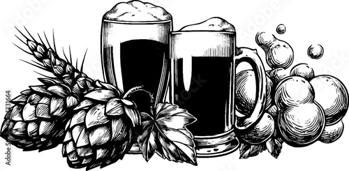 Vintage beer glasses with foam, hops, and barley sketch for retro design