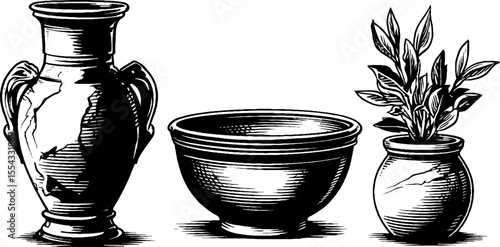 Greek style amphora and cracked pot set for artistic design and decor