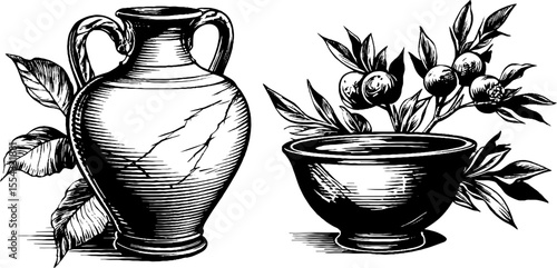 Greek style amphora and cracked pot with floral details for design and decor