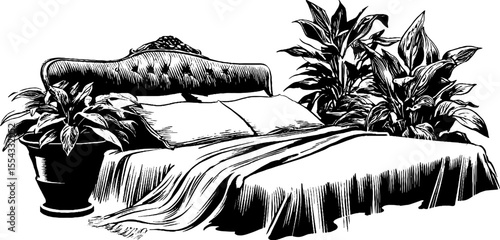 Elegant bedroom design with decorative headboard and potted plants for interior inspiration